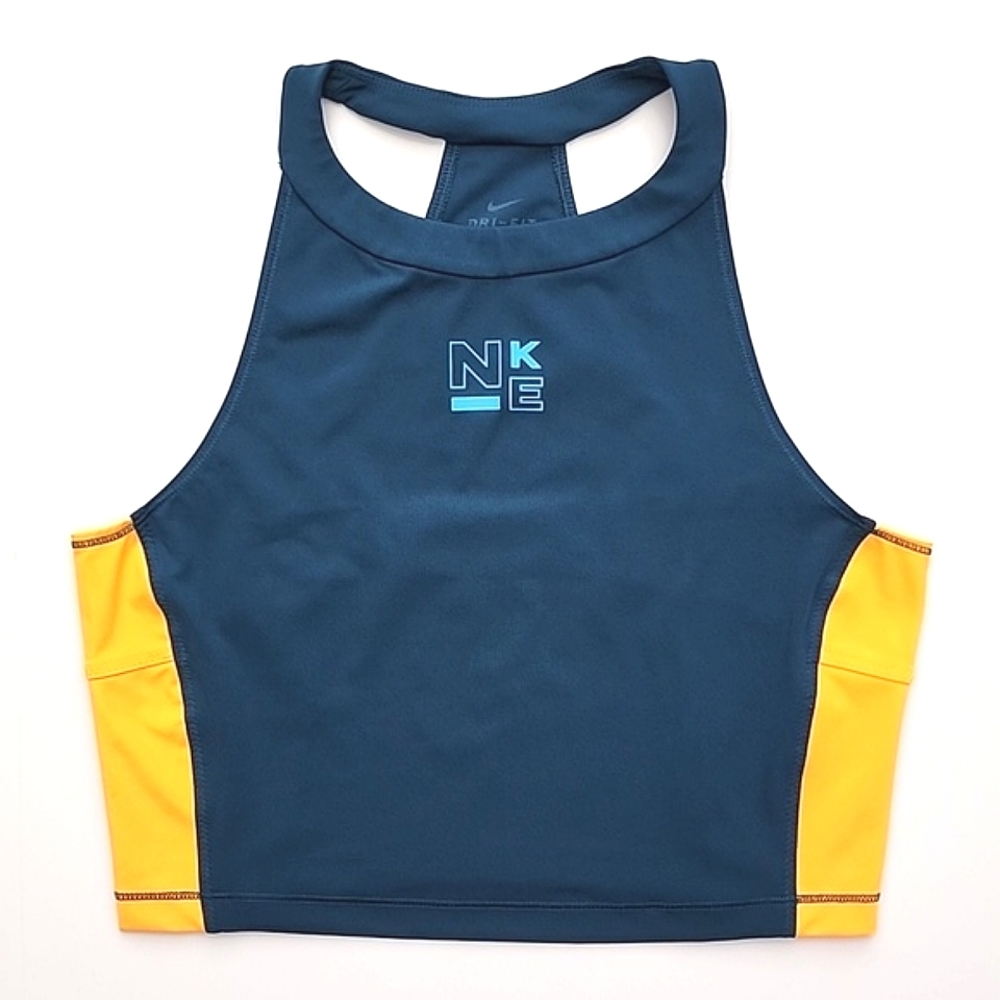 The Nike Pro Women's Athletic Halter Fitted Crop Tank Top Blue Yellow Size M